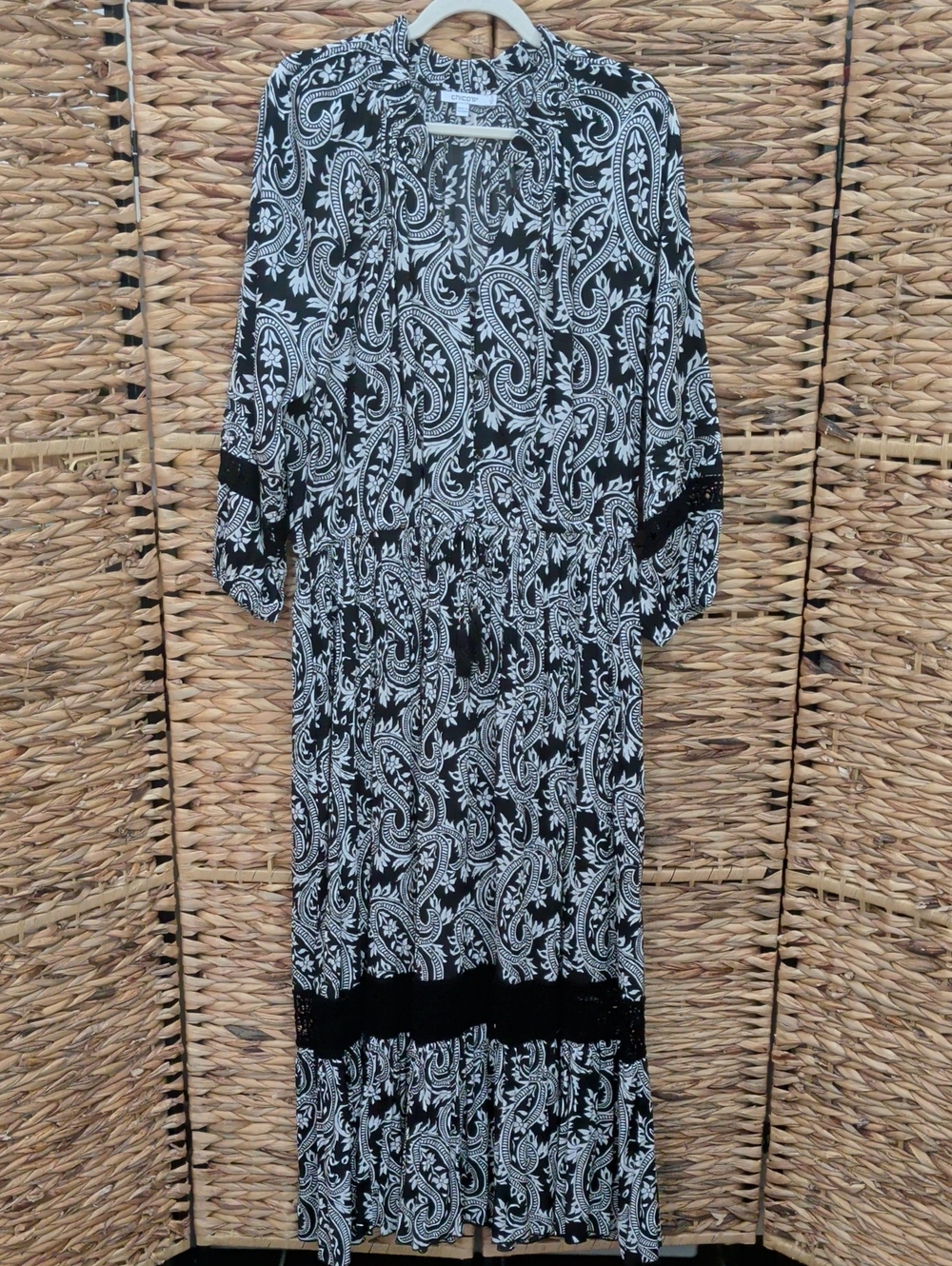 Chico's Black & White Floral-Leaf And Paisley Print Maxi Dress Size 16